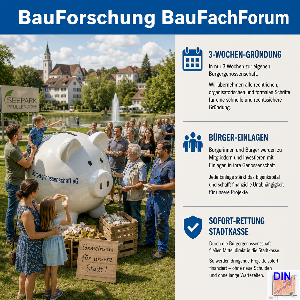 Baufachliche Analyse der Phase 7.2 über die Mobilisierung von zuschussfreiem Bürgerkapital für die Bürgergenossenschaft Seepark Pfullendorf, gerahmt von wirtschaftlichen Gründungsdaten. BauForschung BauFachForum.
Bild: Das Anschauungsbild wurde mit der KI gefertigt.