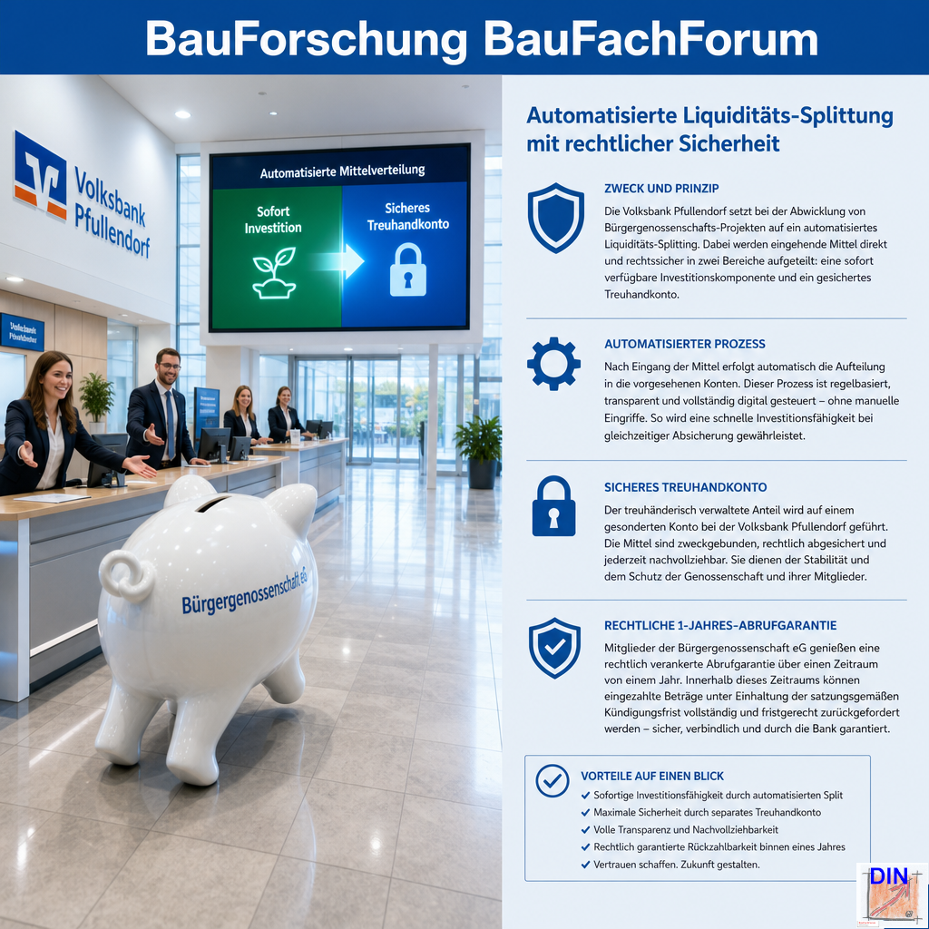 Baufachliche Risikoanalyse der Phase 7.2 über die treuhänderische und automatisierte Liquiditätssicherung des Bürgerkapitals durch die Genossenschaftsbank, gerahmt von bankrechtlichen Kriterien. BauForschung BauFachForum.
Bild: Das Anschauungsbild wurde mit der KI gefertigt.