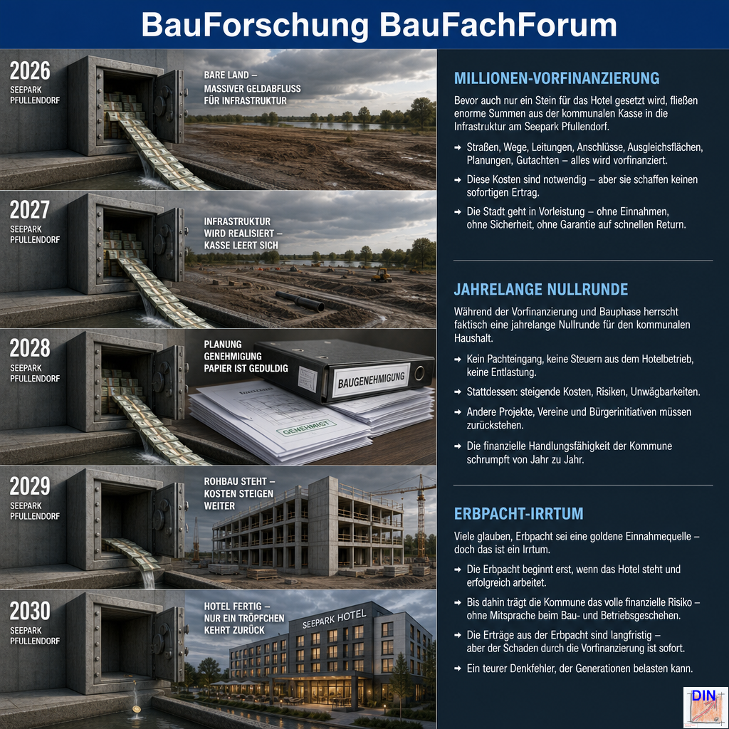 Baufachliche Analyse der Phase 7.2 über die verdeckte Querfinanzierung eines auswärtigen Hotel-Großinvestors durch das Lebens-Sparen der Pfullendorfer Bürger. BauForschung BauFachForum.
Bild: Das Anschauungsbild wurde mit der KI gefertigt.