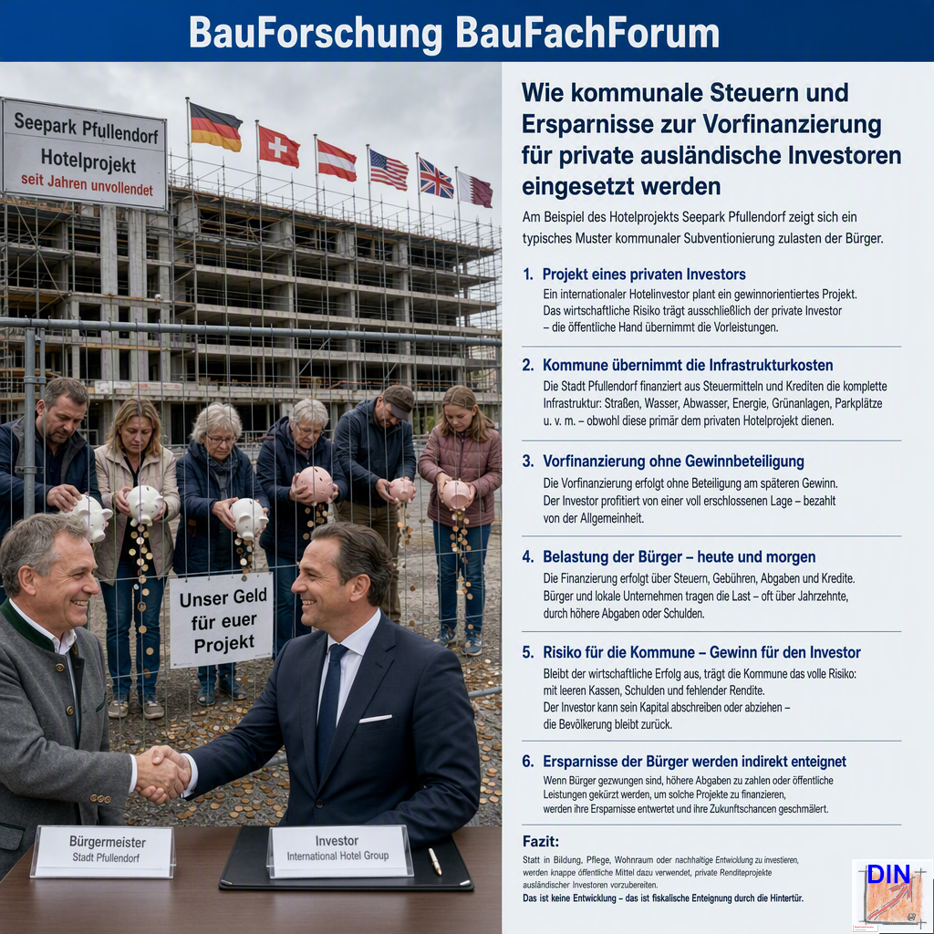 Baufachliche Analyse der Phase 7.2 über die verdeckte Querfinanzierung eines auswärtigen Hotel-Großinvestors durch das Lebens-Sparen der Pfullendorfer Bürger. BauForschung BauFachForum.
Bild: Das Anschauungsbild wurde mit der KI gefertigt.