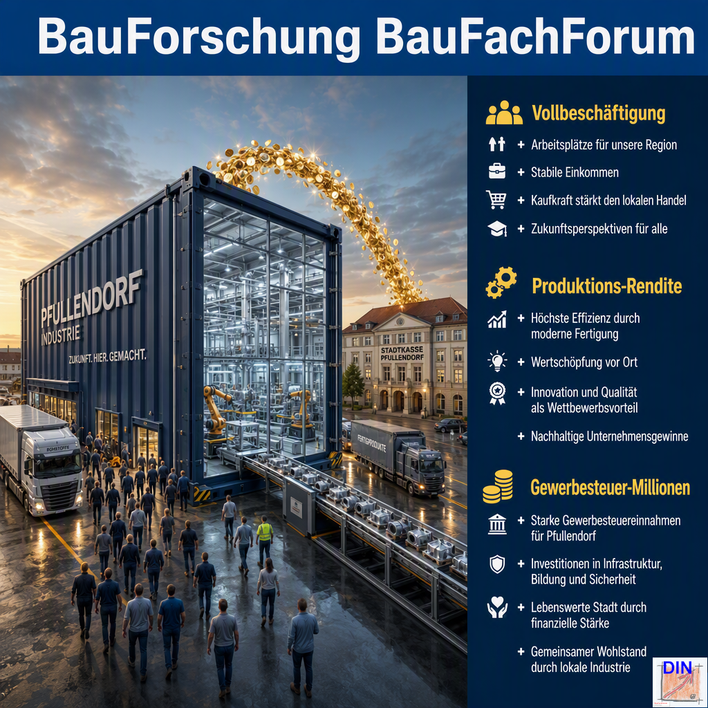 Baufachliche Analyse der Phase 7.3 über die Ertragskraft und die Gewerbesteuer-Einnahmen einer industriellen Großfirma in Pfullendorf, gerahmt von ökonomischen Wirtschaftsdaten. BauForschung BauFachForum.
Bild: Das Anschauungsbild wurde mit der KI gefertigt.