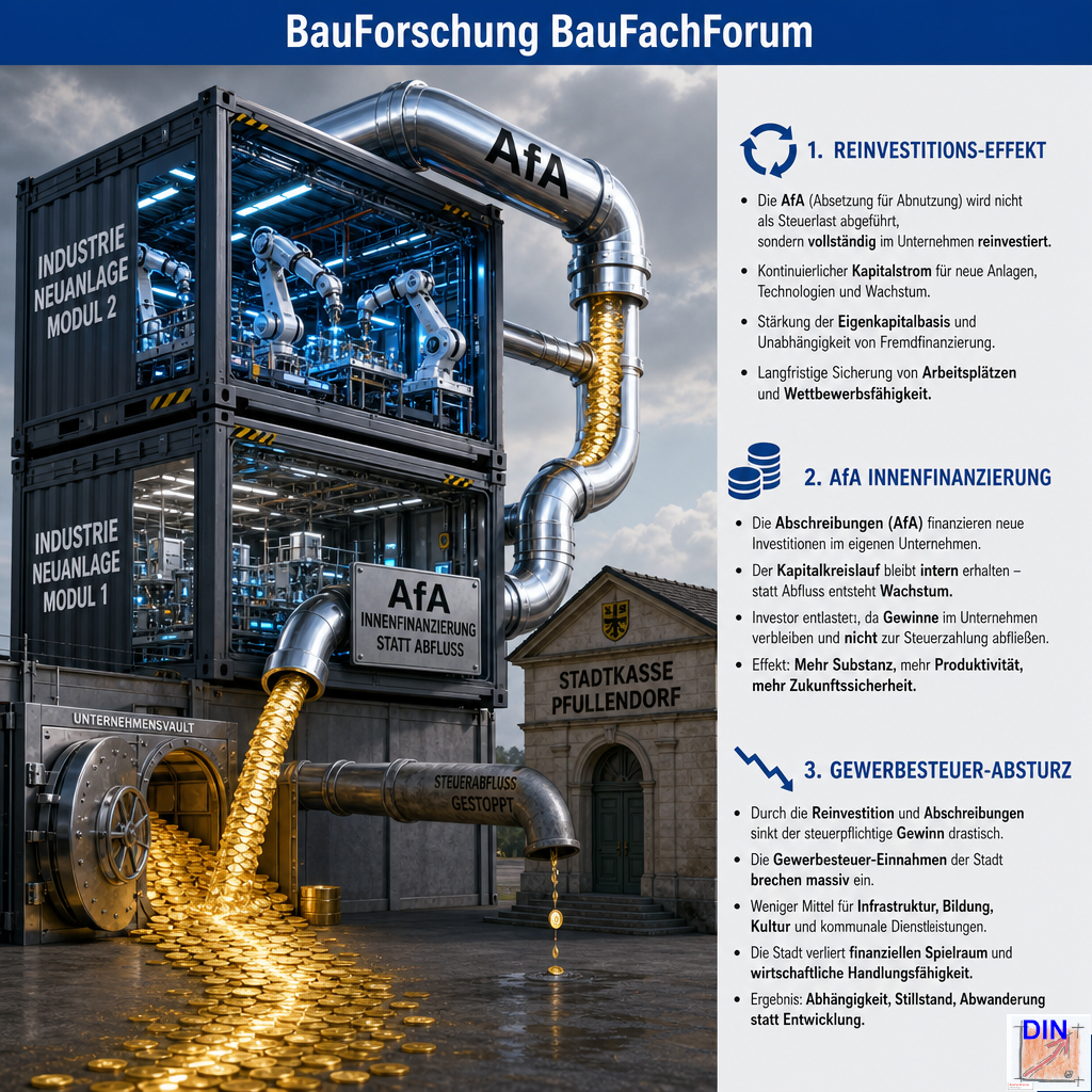 Baufachliche Analyse der Phase 7.3 über den steuerlichen Abschreibungseffekt (AfA) nach einer Millioneninvestition eines Großbetriebs und den daraus resultierenden Gewerbesteuereinbruch der Gemeinde. BauForschung BauFachForum.
Bild: Das Anschauungsbild wurde mit der KI gefertigt.