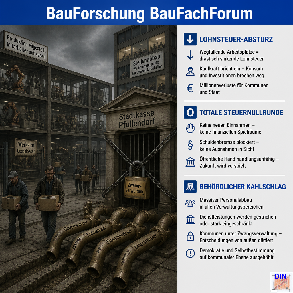 Baufachliche Analyse der Phase 7.3 über den strukturellen Wirtschaftskollaps, die Stilllegung von Industriebetrieben und den daraus resultierenden Verlust von Einkommensteuer und Gewerbesteuer für die Gemeinde. BauForschung BauFachForum.
Bild: Das Anschauungsbild wurde mit der KI gefertigt.