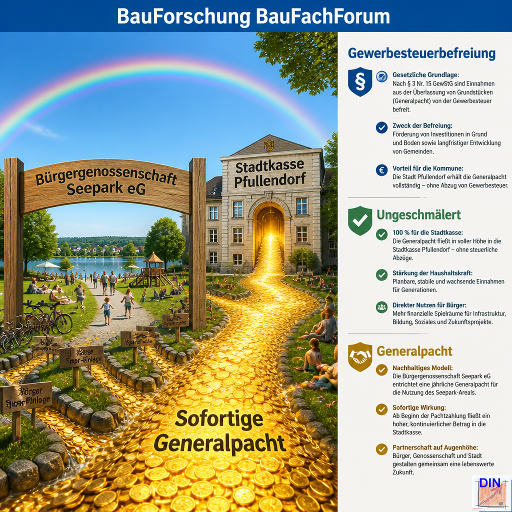 Baufachliche Analyse der Phase 7.3 über die sofortige und ungeschmälert fließende Generalpacht einer gemeinnützigen Bürgergenossenschaft an die Stadtkasse Pfullendorf, gerahmt von Haushaltsdaten. BauForschung BauFachForum.
Bild: Das Anschauungsbild wurde mit der KI gefertigt.