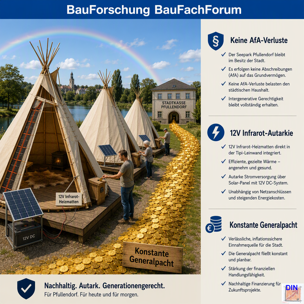 Baufachliche Analyse der Phase 7.3 über die thermodynamische 12V-Infrarot-Autarkie und die abschnittsweise Wertschöpfung ohne Abschreibungs-Verluste durch die Bürgergenossenschaft Seepark Pfullendorf. BauForschung BauFachForum.
Bild: Das Anschauungsbild wurde mit der KI gefertigt.