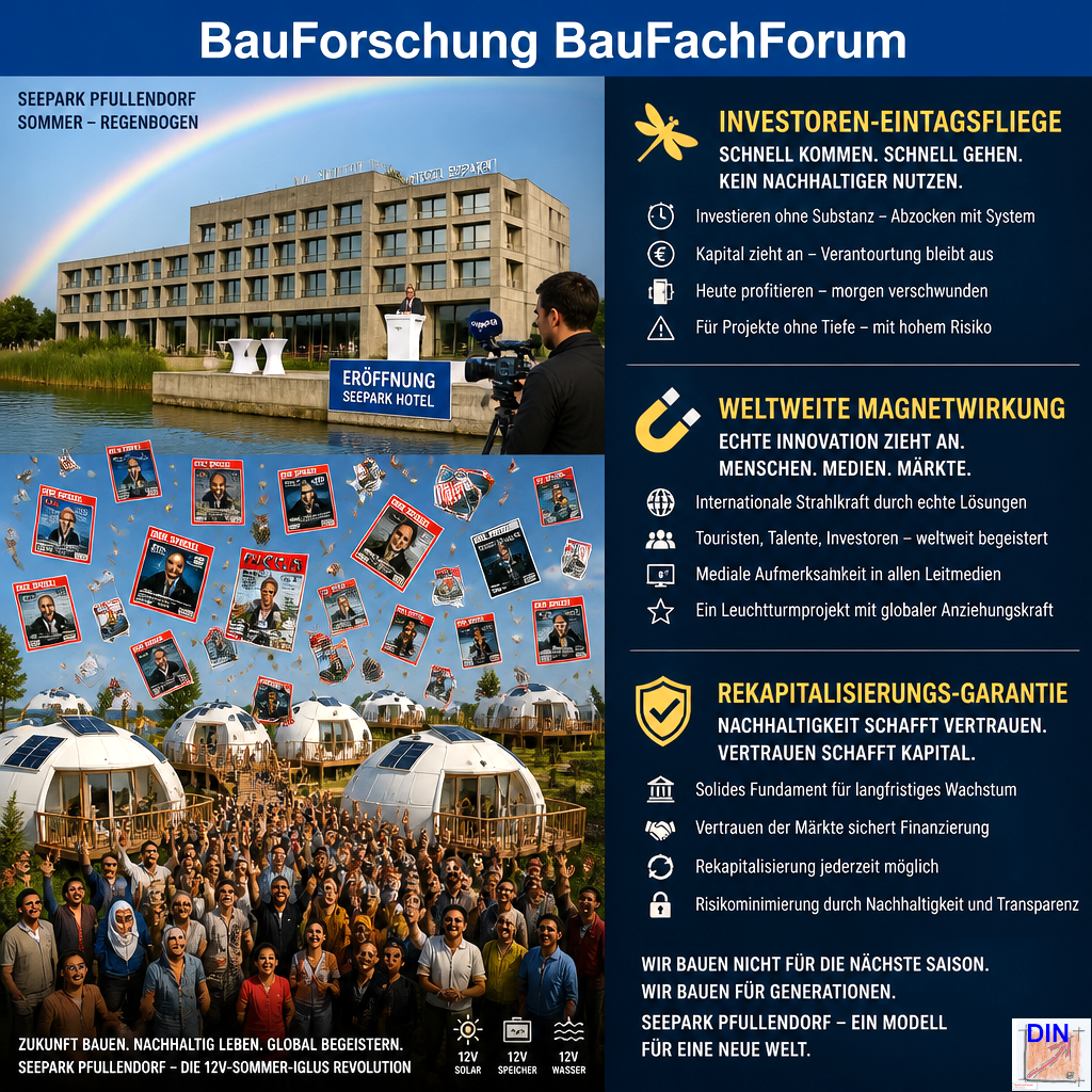 Baufachliche Analyse der Phase 7.3 über die weltweite Medienpräsenz und die touristische Magnetwirkung autarker 12V-Infrarot-Sommeriglus im Vergleich zu einem konventionellen Hotelprojekt im Seepark Pfullendorf. BauForschung BauFachForum.
Bild: Das Anschauungsbild wurde mit der KI gefertigt.