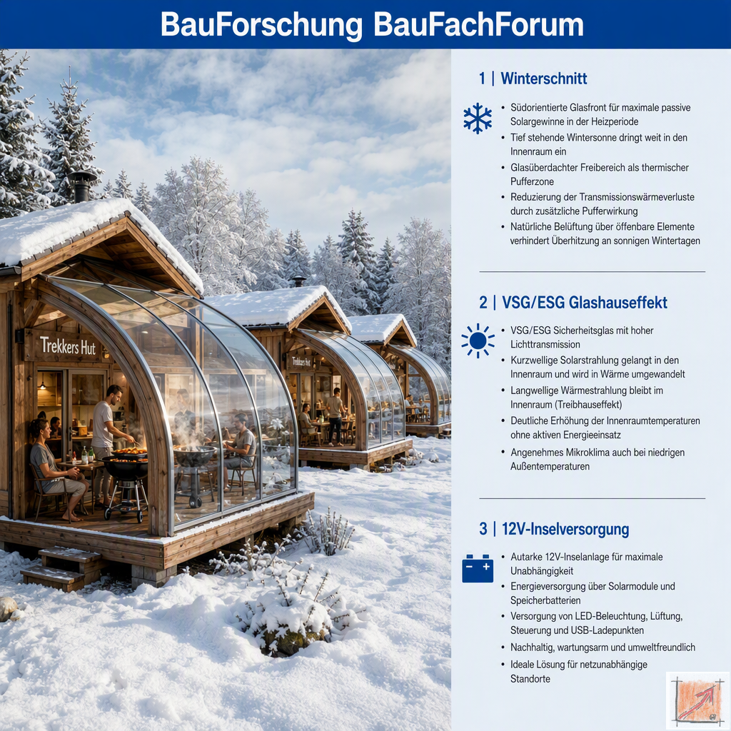 Baufachliche Analyse der Phase 7.4 über die wintertaugliche solare Auslastung und die thermische VSG-Verglasung einer Trekkers-Hut-Unterkunft im Bürger-Reallabor Seepark Pfullendorf. BauForschung BauFachForum.
Bild: Das Anschauungsbild wurde mit der KI gefertigt.