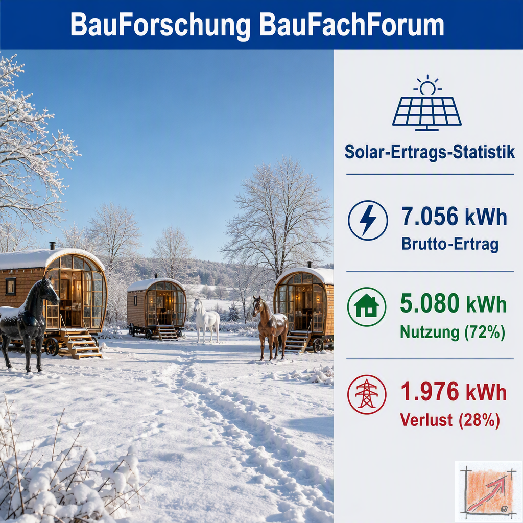 Baufachliche Analyse der Phase 7.4 über die weitläufige solare Anordnung von Schäferwagen-Unterkünften mit künstlerischen Pferde-Werbeskulpturen im Seepark Pfullendorf. BauForschung BauFachForum.
Bild: Das Anschauungsbild wurde mit der KI gefertigt.