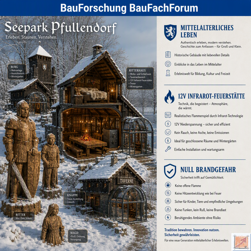 Baufachliche Analyse der Phase 7.4 über das solare Mittelalter-Reallabor mit brandsicheren 12V-Infrarot-Feuerstätten und Motorsägen-Holzskulpturen im Seepark Pfullendorf. BauForschung BauFachForum.]
Bild: Das Anschauungsbild wurde mit der KI gefertigt.
