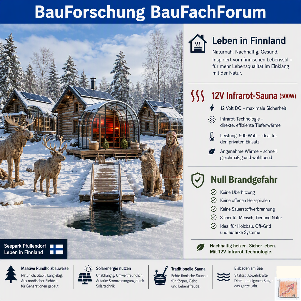 Baufachliche Analyse der Phase 7.4 über das solare Finnland-Reallabor mit einer autarken 12V-Infrarot-See-Sauna und Motorsägen-Holzskulpturen im Seepark Pfullendorf. BauForschung BauFachForum.
Bild: Das Anschauungsbild wurde mit der KI gefertigt.