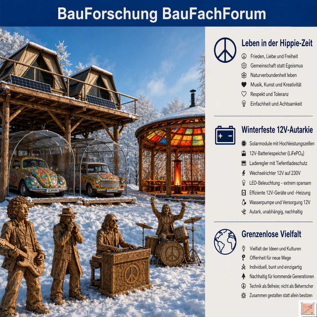 Baufachliche Analyse der Phase 7.4 über das solare Hippie-Automobil-Reallabor mit winterfesten 12V-Dachzelten, Oldtimern und Motorsägen-Holzskulpturen berühmter Musiker im Seepark Pfullendorf. BauForschung BauFachForum.
Bild: Das Anschauungsbild wurde mit der KI gefertigt.