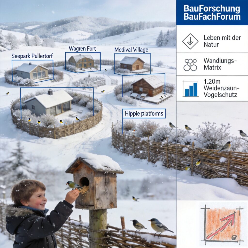 Baufachliche Gesamtbilanz der Phase 7.4 über die ökologische und solare Flächenintegration von 5 Unterkunfts-Modulen mit lebendigen Weiden-Vogelschutzzäunen im Seepark Pfullendorf. BauForschung BauFachForum.
Bild: Das Anschauungsbild wurde mit der KI gefertigt.