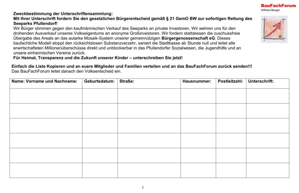 Volk, wehrt euch gegen den Ausverkauf des Seeparks an private Investoren. Wehrt euch mit der Unterschriftenliste für einen Volksentscheid, dass Bürgereigentum auch den Bürgern in die Verwaltung übergeben wird.
