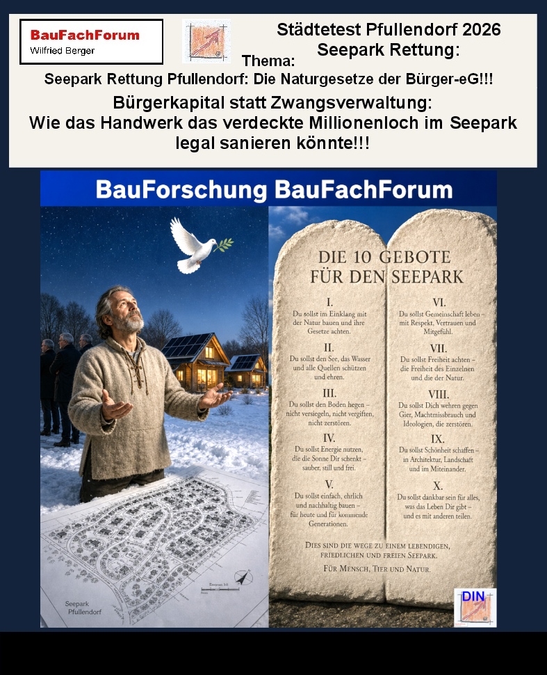 Baufachliche Gesetzes- und Ethikanalyse der Phase 7.5 über die Erfüllung des Gebäudeenergiegesetzes §§ 22, 23 GEG und die ethischen Grundprinzipien der Bürgergenossenschaft Seepark Pfullendorf. BauForschung BauFachForum.
Bild: Das Anschauungsbild wurde mit der KI gefertigt.