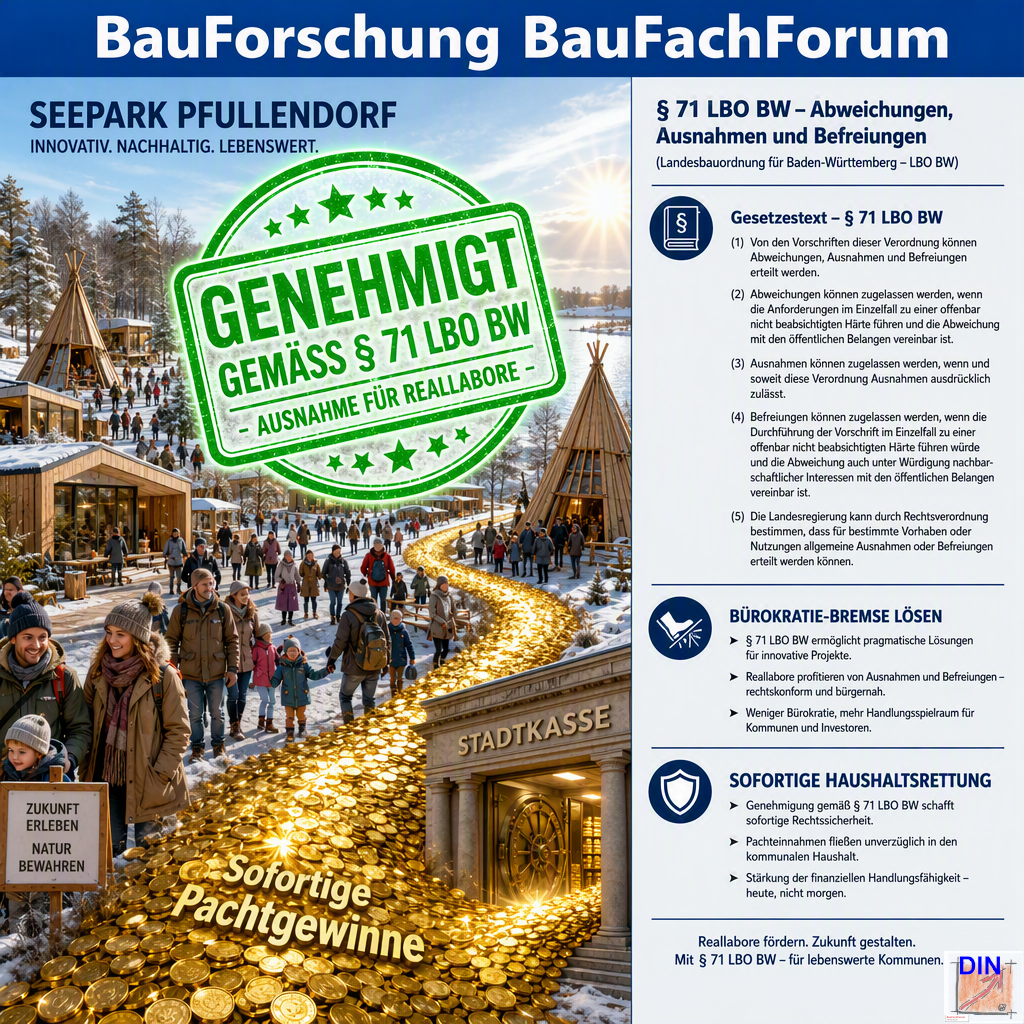 Baufachliche Gesetzesanalyse der Phase 7.5 über die baurechtliche Bereichsausnahme nach § 71 LBO BW für das Bürger-Reallabor Seepark Pfullendorf, gerahmt von Gesetzestexten. BauForschung BauFachForum.
Bild: Das Anschauungsbild wurde mit der KI gefertigt.
