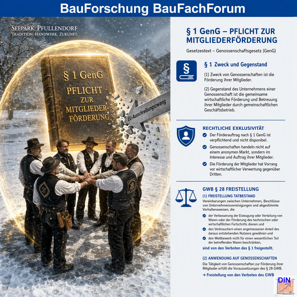 Baufachliche Gesetzesanalyse der Phase 7.5 über den genossenschaftlichen Förderzweck nach § 1 GenG zum Schutz des einheimischen Handwerks vor dem EU-Vergaberecht im Seepark Pfullendorf. BauForschung BauFachForum.
Bild: Das Anschauungsbild wurde mit der KI gefertigt.