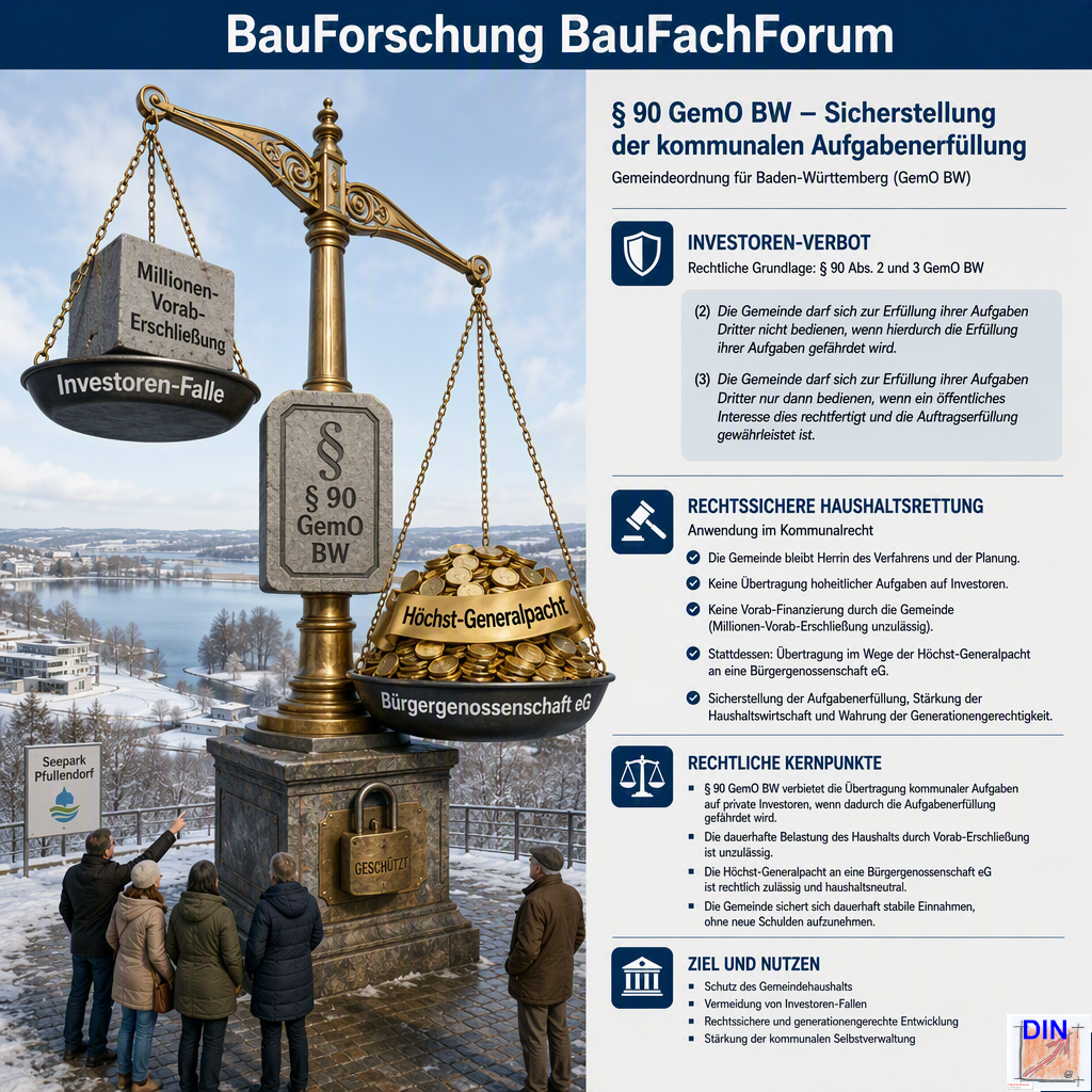 Baufachliche Gesetzesanalyse der Phase 7.5 über den gesetzlichen Werterhalt kommunalen Eigentums nach § 90 GemO BW für die Bürgergenossenschaft Seepark Pfullendorf. BauForschung BauFachForum.
Bild: Das Anschauungsbild wurde mit der KI gefertigt.