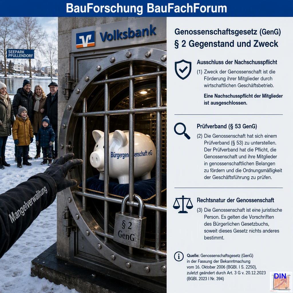 Baufachliche Gesetzesanalyse der Phase 7.5 über den gesetzlichen Ausschluss der Nachschusspflicht nach § 2 GenG zum vollständigen Schutz des Bürgerkapitals im Seepark Pfullendorf. BauForschung BauFachForum.
Bild: Das Anschauungsbild wurde mit der KI gefertigt.