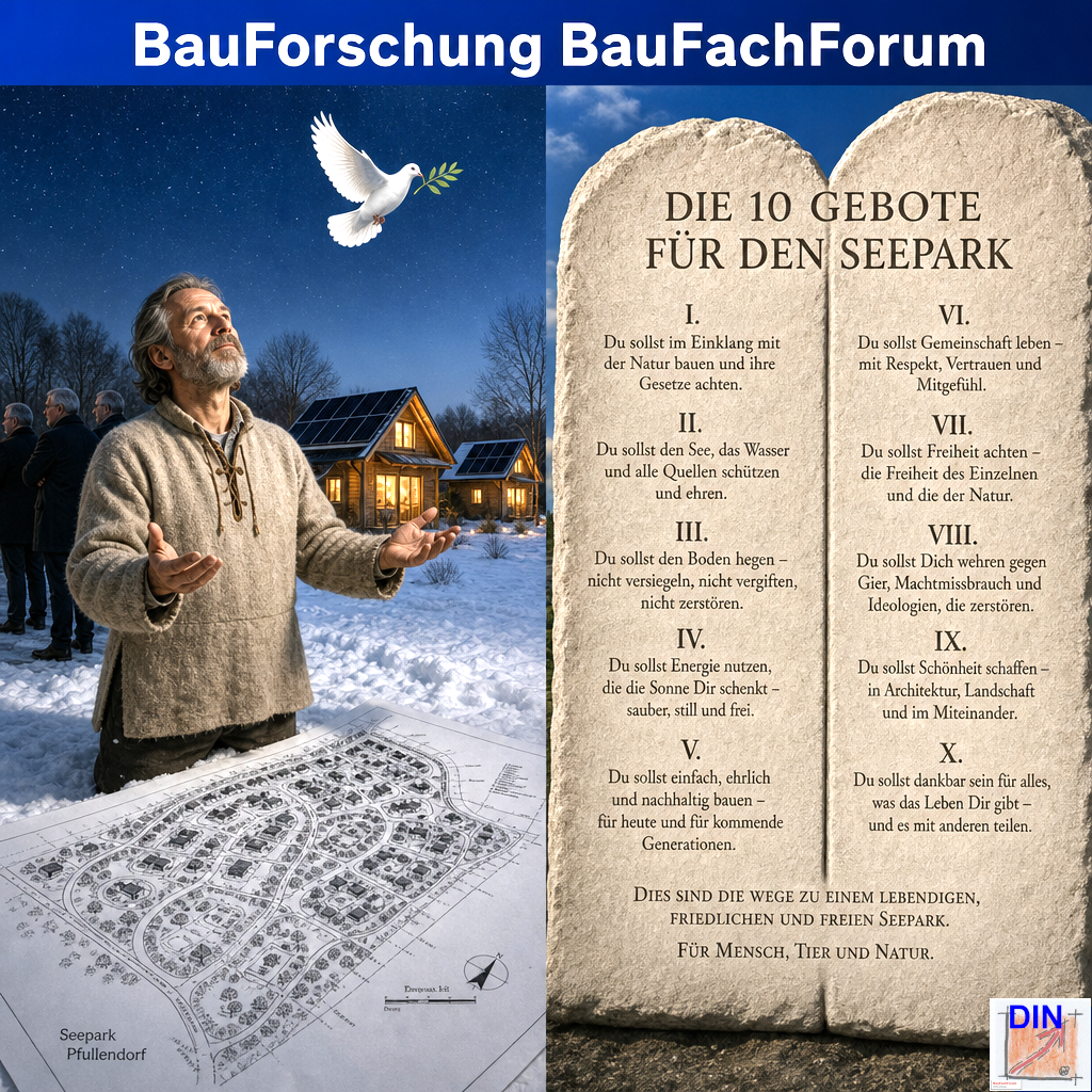 Baufachliche Gesetzes- und Ethikanalyse der Phase 7.5 über die Erfüllung des Gebäudeenergiegesetzes §§ 22, 23 GEG und die ethischen Grundprinzipien der Bürgergenossenschaft Seepark Pfullendorf. BauForschung BauFachForum.
Bild: Das Anschauungsbild wurde mit der KI gefertigt.